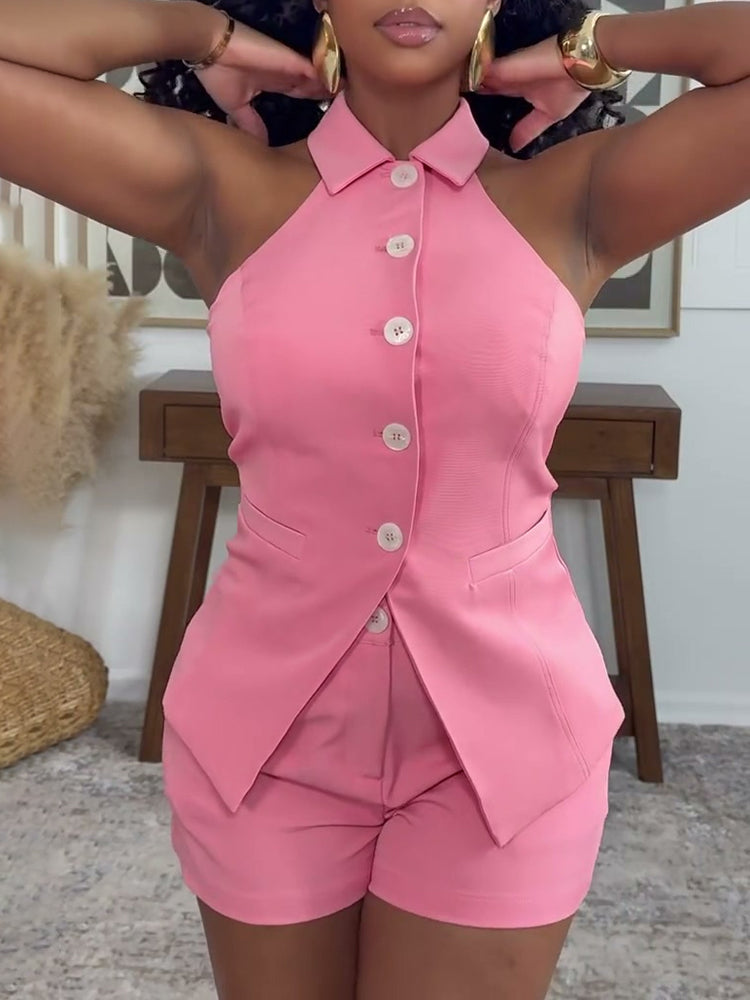 Sleeveless Lapel Vest Shorts Sets