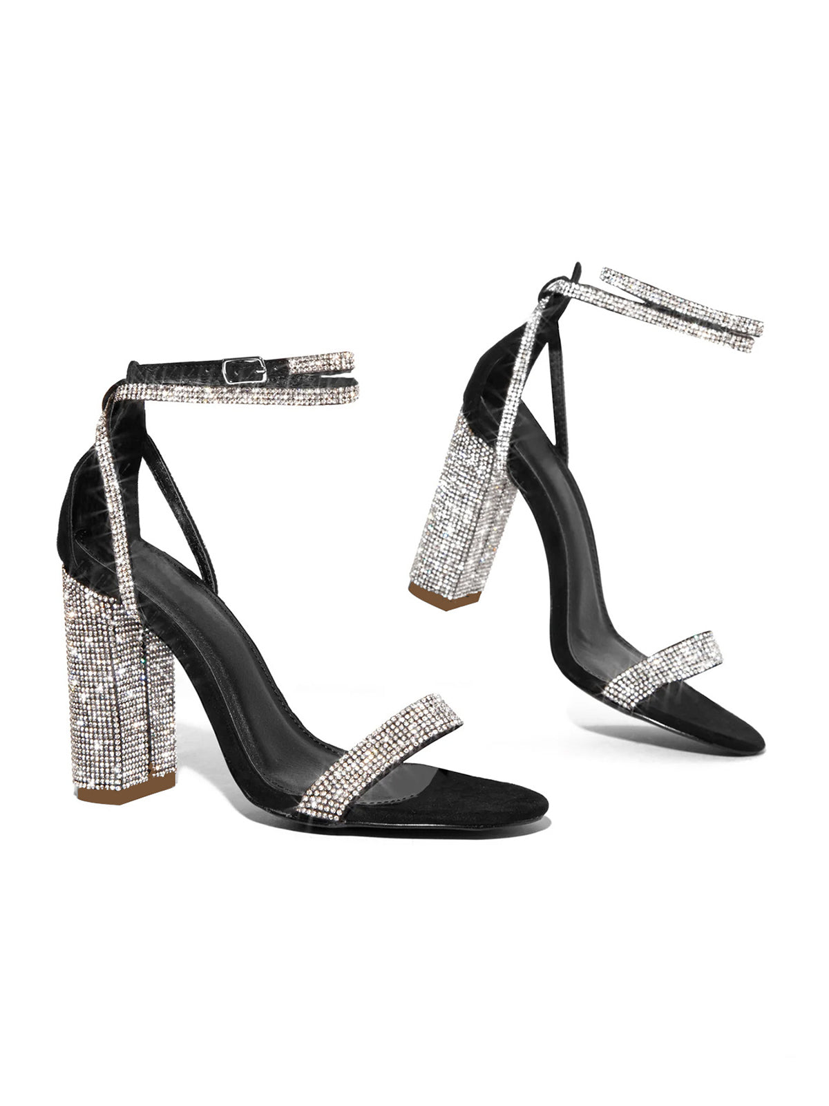 Rhinestone Ankle Strap Block Heel Sandals