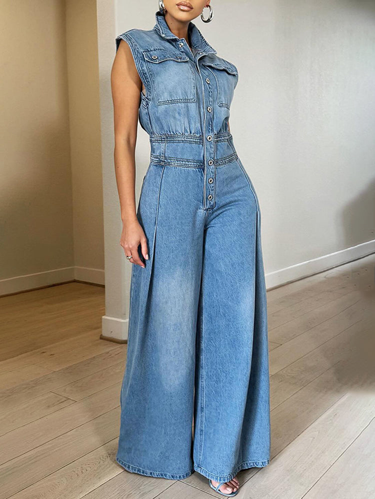 Sleeveless Button Denim Wide Leg Jumpsuit