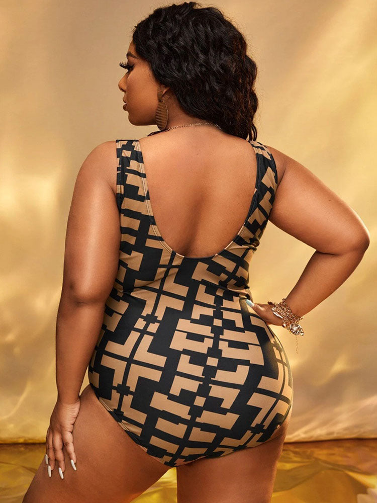 Plus Size Sleeveless Figure Print Swimsuit