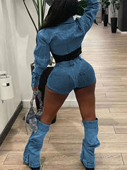 Denim Patchwork Elastic Shorts Two-Piece Set