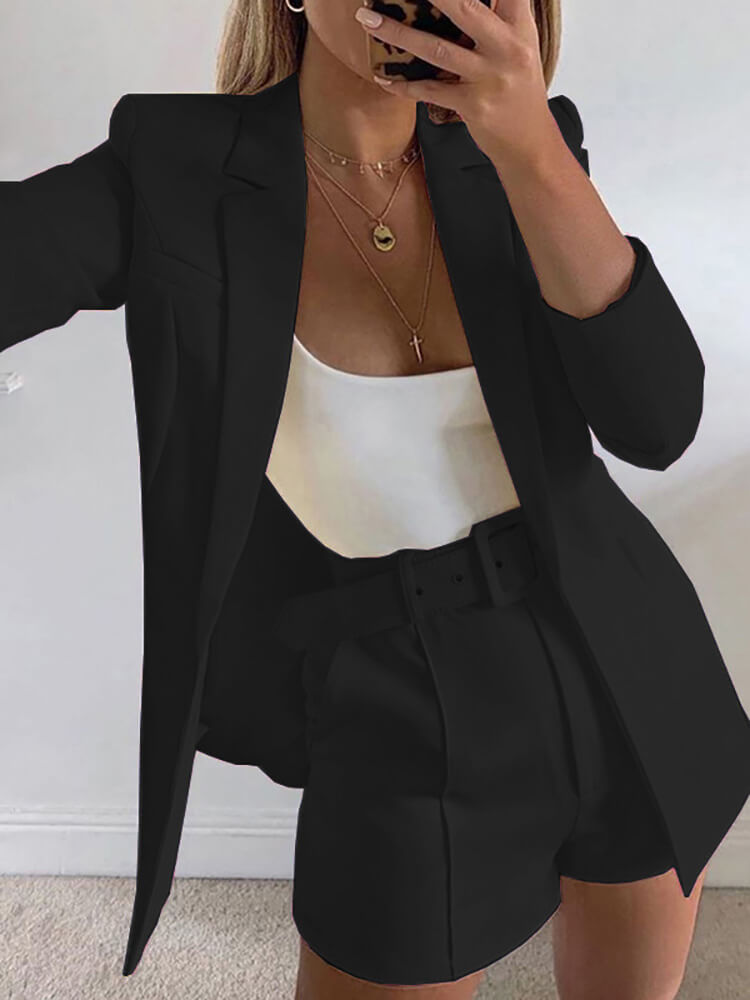 Two Piece Office Long Sleeve Solid Shorts Sets