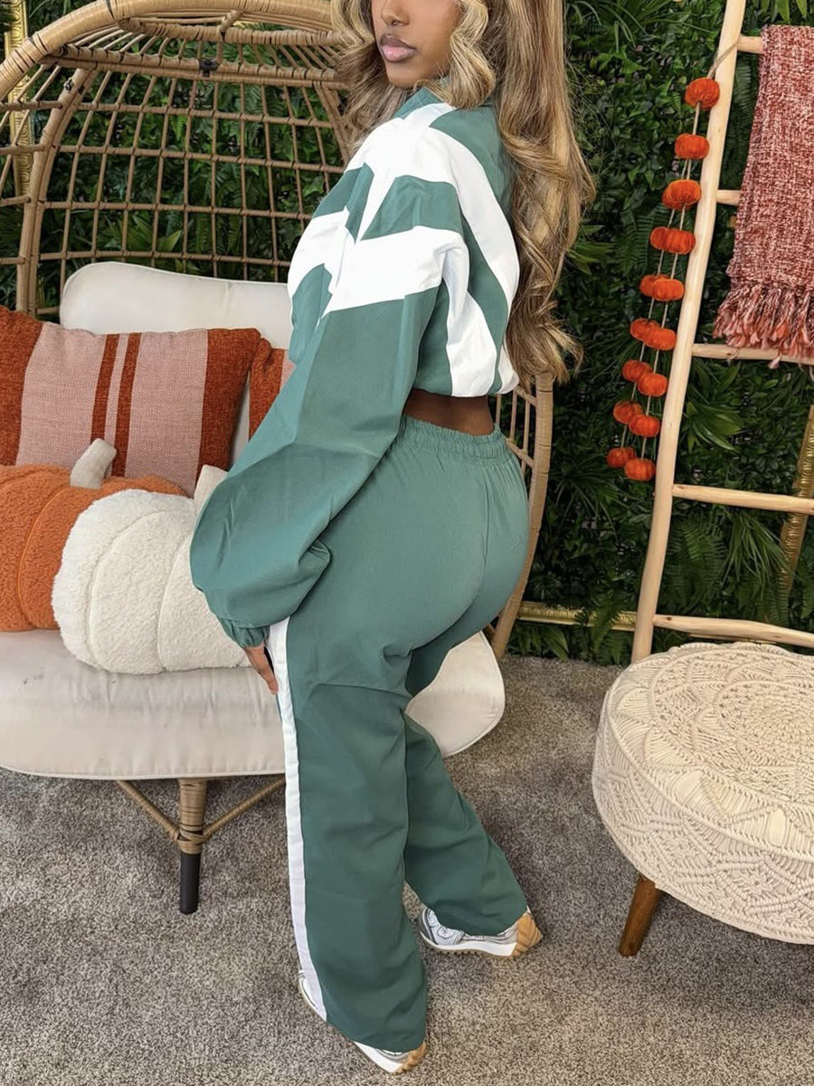 Patchwork Crop Top & High Waist Two-Piece Set