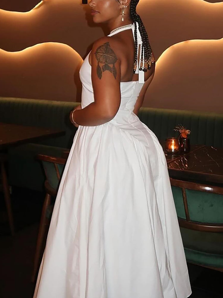 Elegant Halter Neck Solid Color Dress