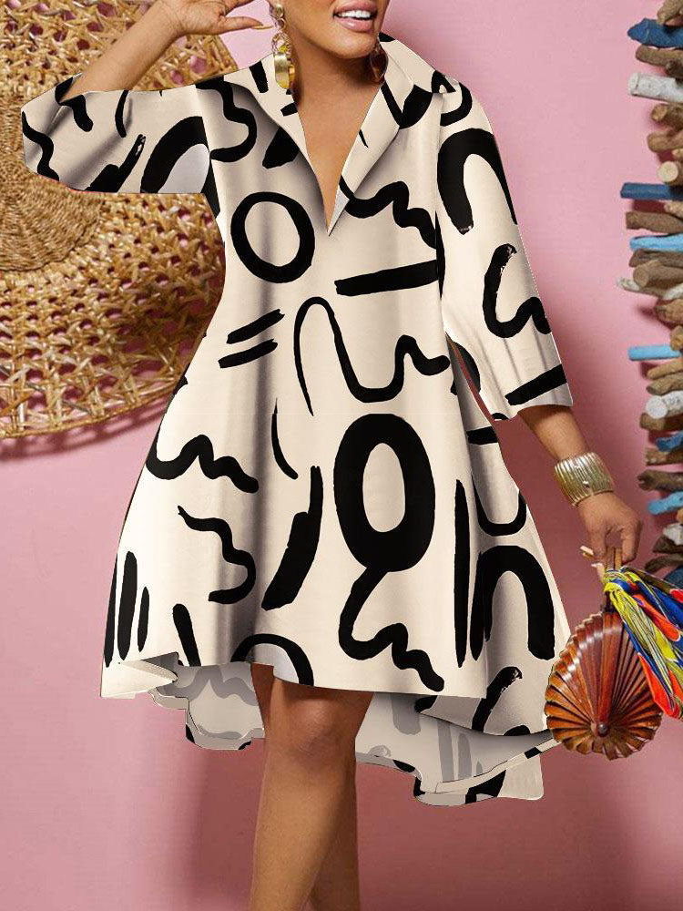 Long Sleeves V Neck Print Midi Dress