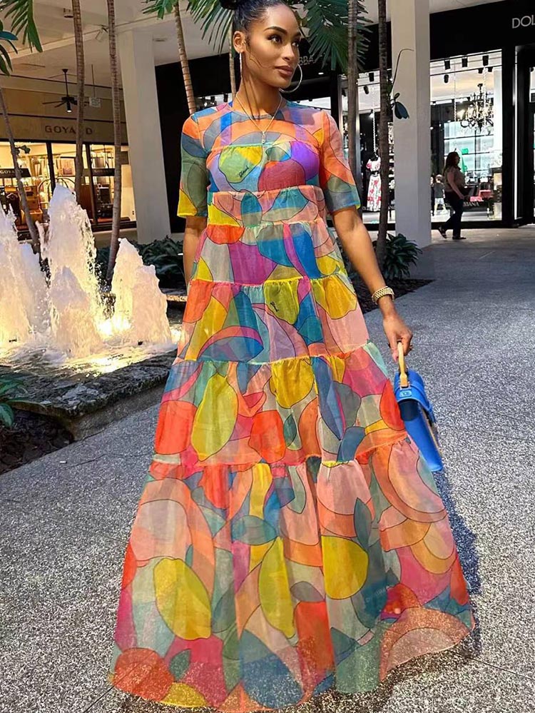 Mesh Short Sleeve Print Flowy Maxi Dress