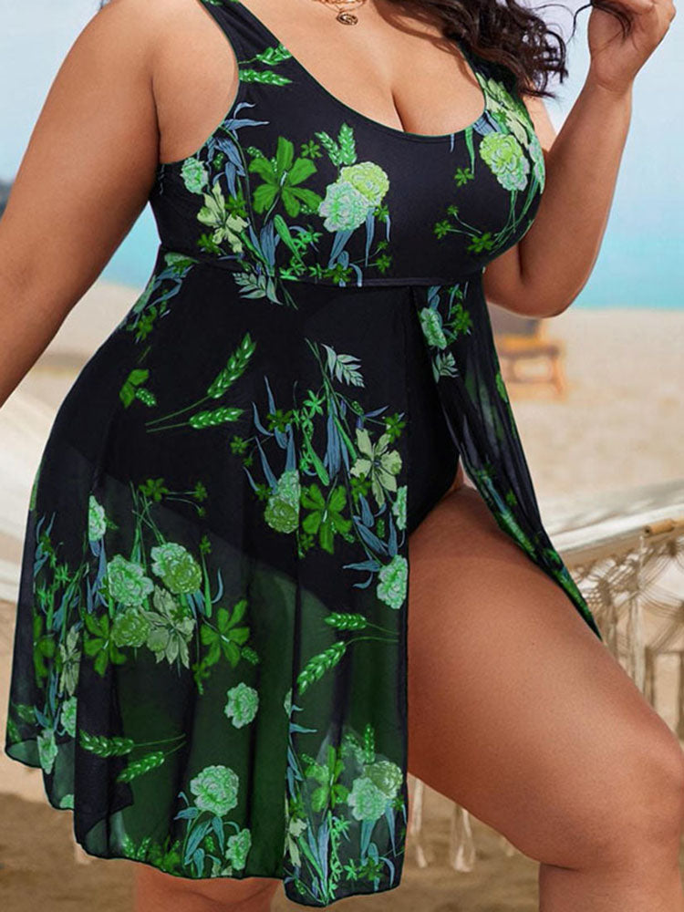 Plus Size Floral Print Mesh Bikini Romper
