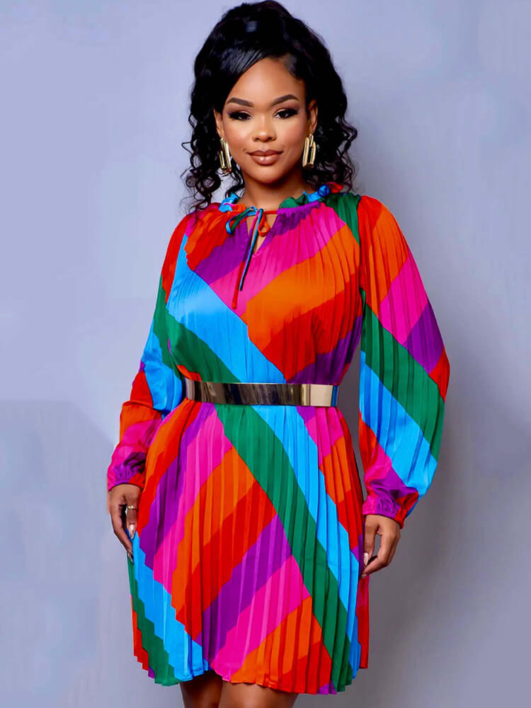 Long Sleeve Color Block Pleated Mini Dress