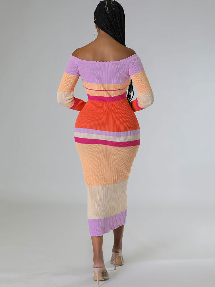 Long Sleeve Off Shoulder Color Block Maxi Dress