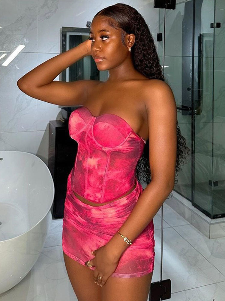 Bustier Crop Top Printed Mini Skirt Set