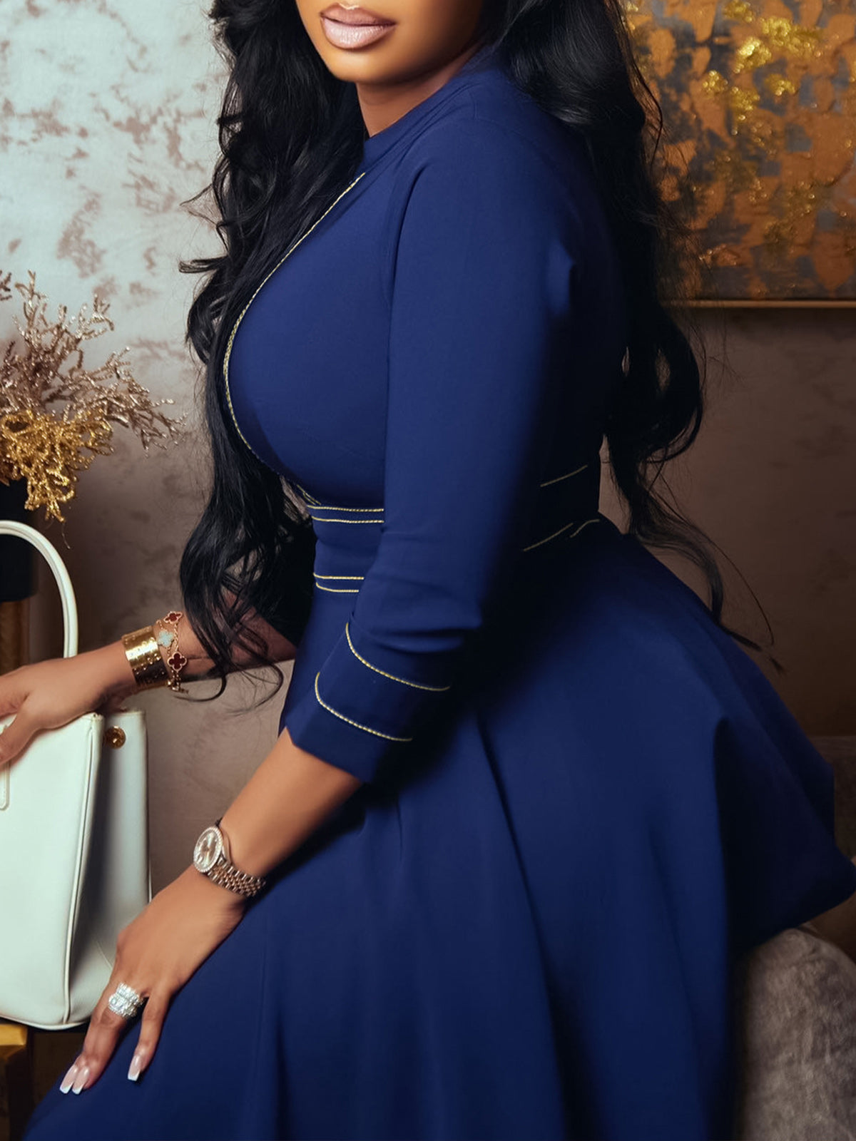 Plus Size Short Sleeve Stand Collar Party Swing Dress