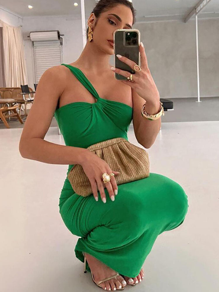 Sleeveless One Shoulder Bodycon Maxi Dress