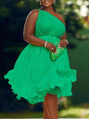 One Shoulder Pleated Swing Belted Midi Dress