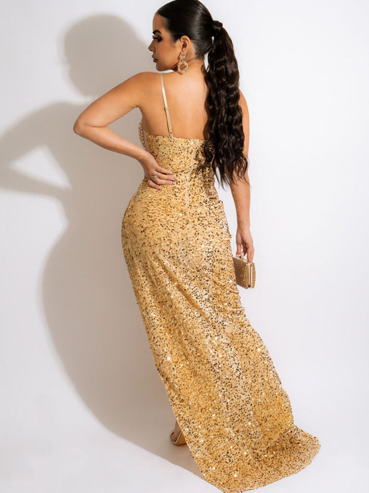Sequins Sleeveless Split Maxi Dress