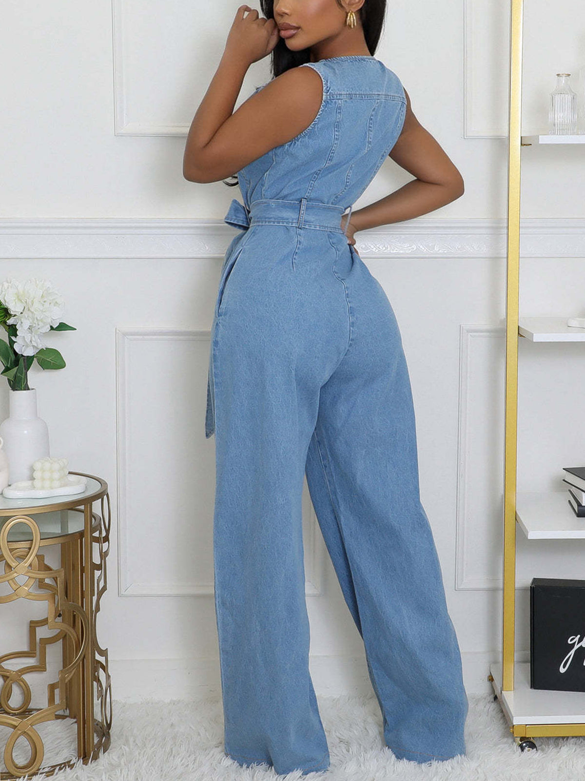 Sleeveless Tie-Waist Denim Jumpsuit