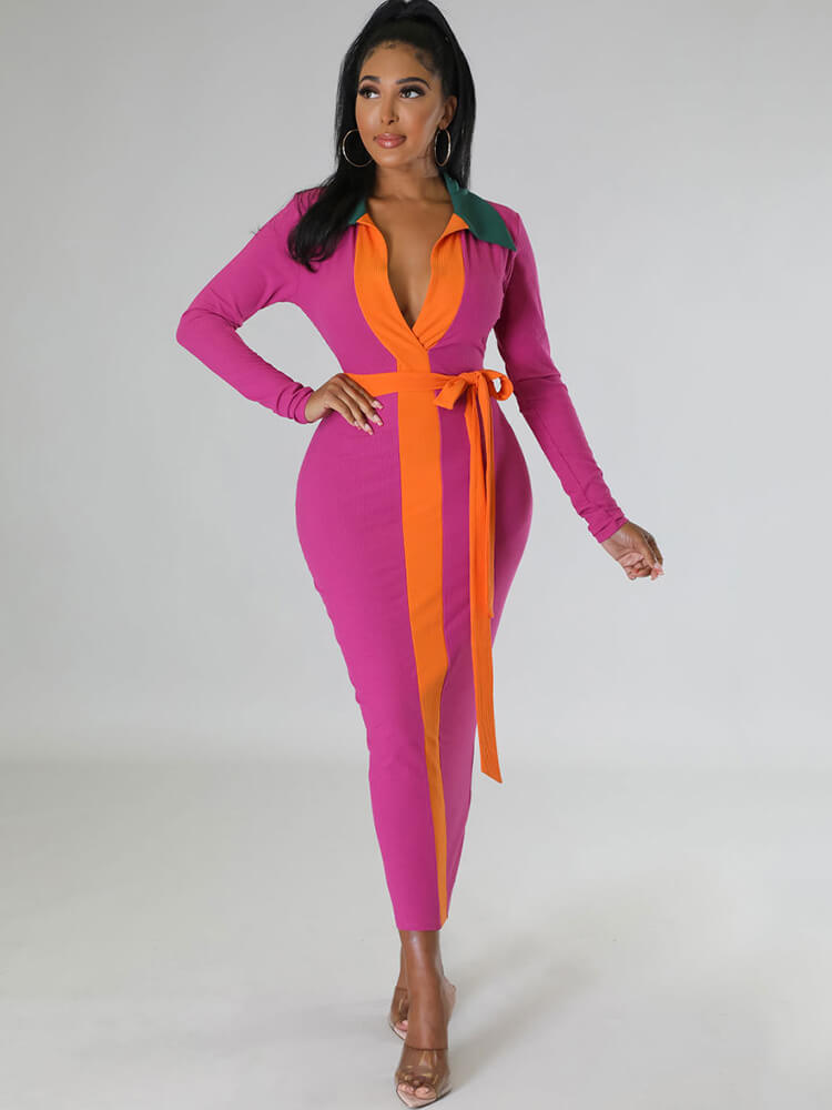 Long Sleeve Color Block Maxi Dress