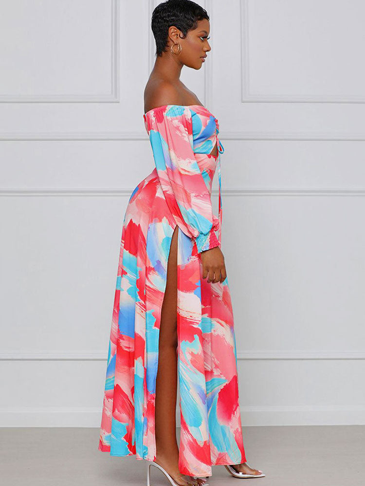 Off Shoulder Floral Print Flowy Maxi Dress