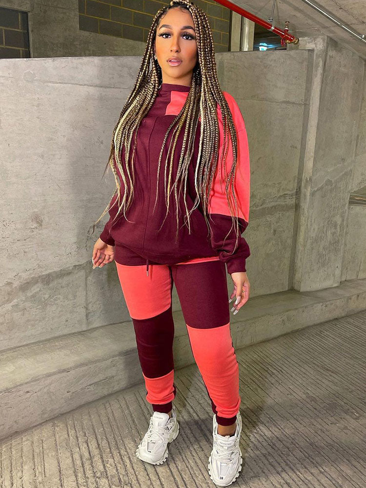 Two Piece Color Block Fleece Pullover Long Pants