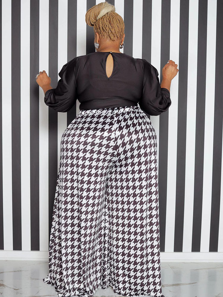 High Waist Houndstooth Print Floor Length Wide Leg Bottoms