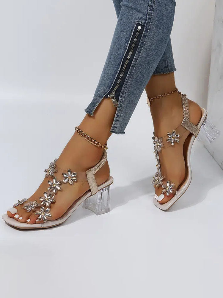 Rhinestone Patchwork Chunky Open Toe Heel