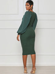 Ribbed Lantern Sleeve Patchwork Bodycon Midi Dress