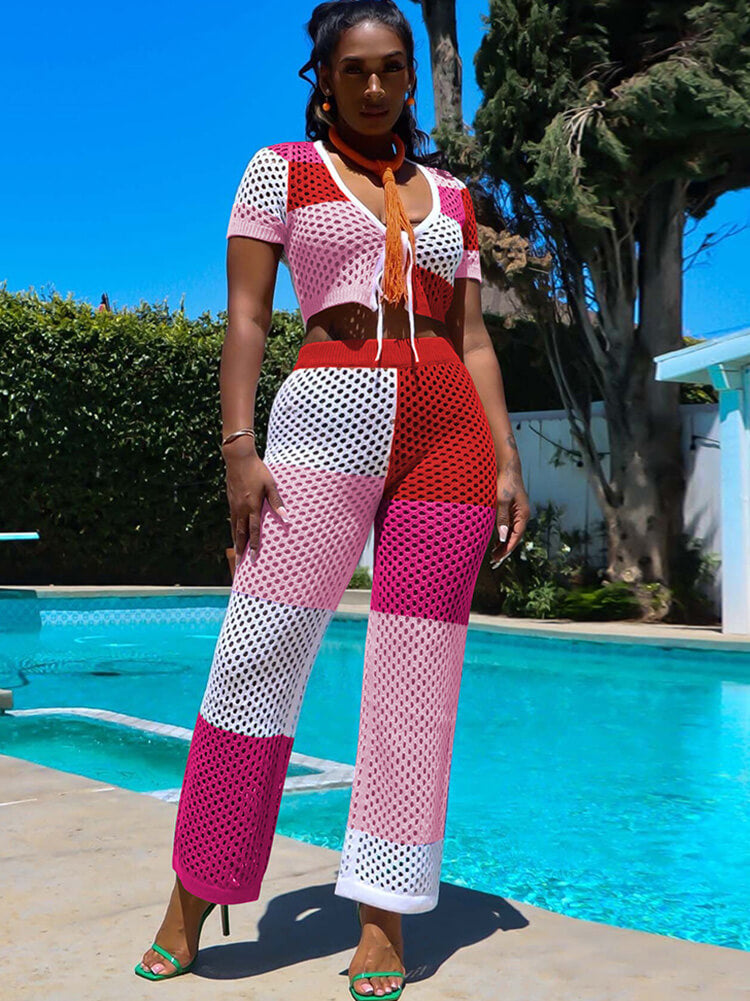 Two Piece Hollow Out Short Sleeve Crop Top Pants