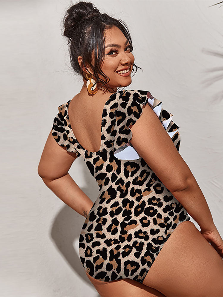 Plus Size Sleeveless Ruffle Floral Print Swimsuit