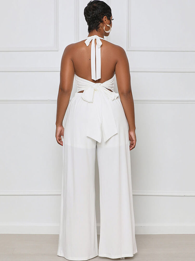 Halter Neck Backless Lace Up Wide Leg Jumpsuit