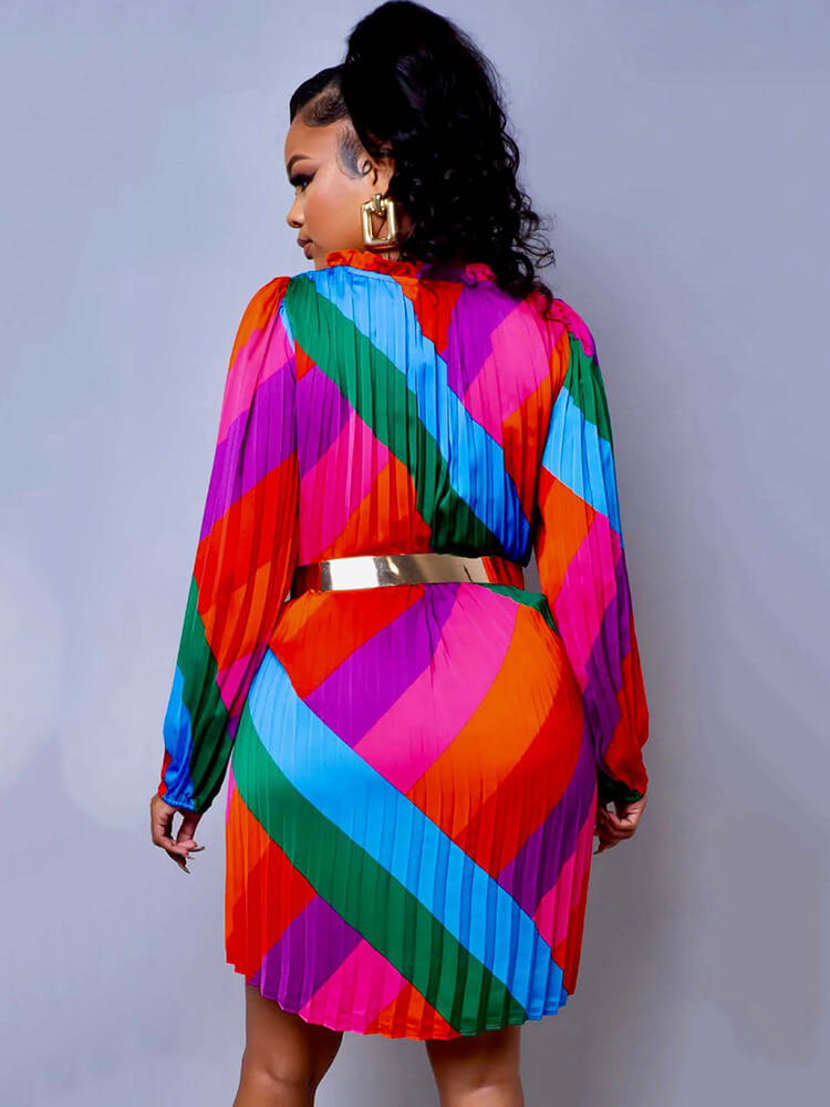 Long Sleeve Color Block Pleated Mini Dress