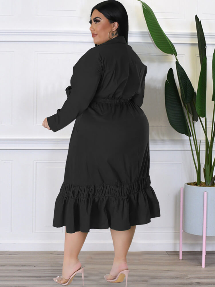 Long Sleeve Lace Up Solid Midi Dress