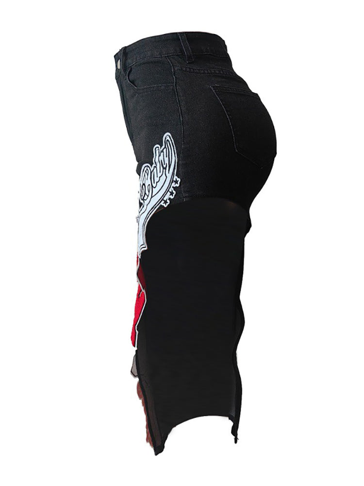 Graffiti Patchwork High Slit Denim Midi Skirt