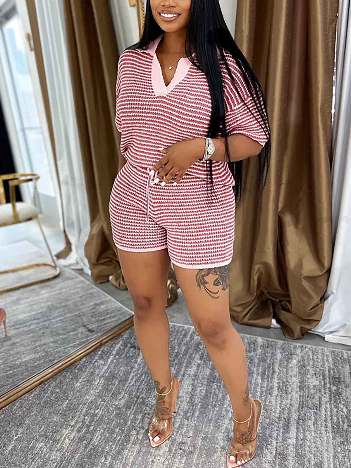 Striped Knit Top High Waist Shorts Set