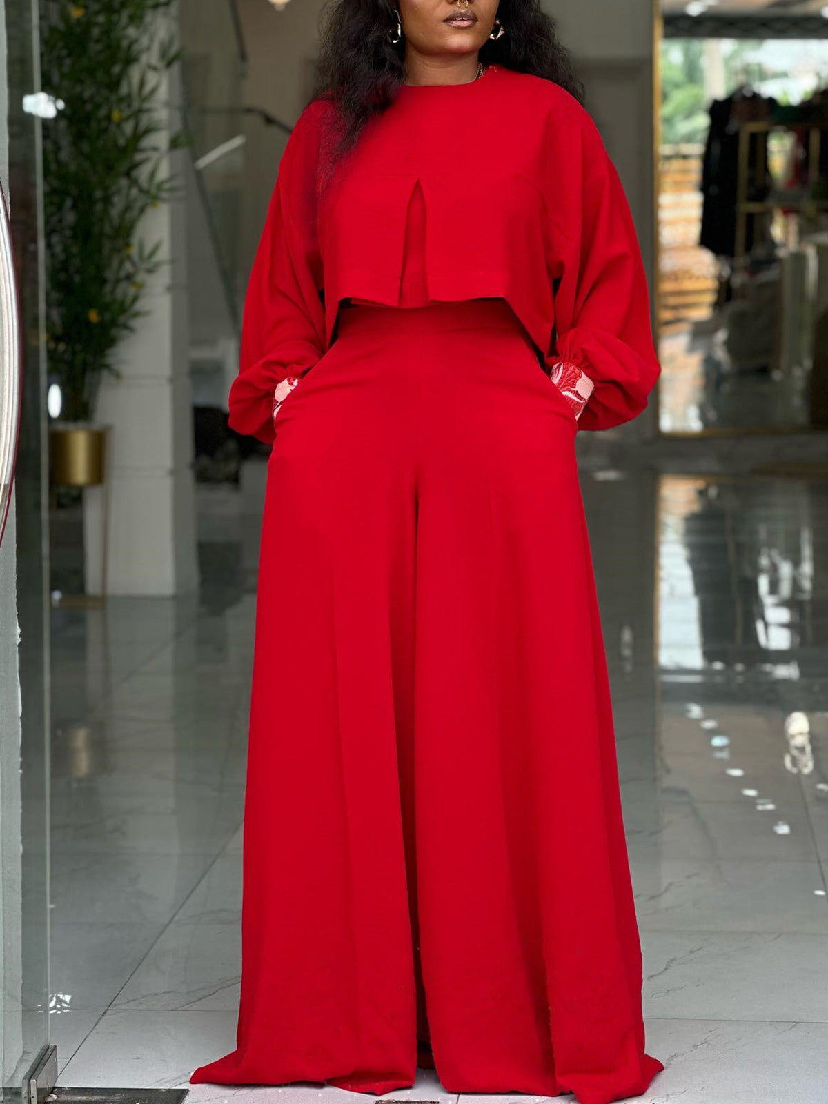 Plus Size Lantern Sleeve Wide Leg Pants Set