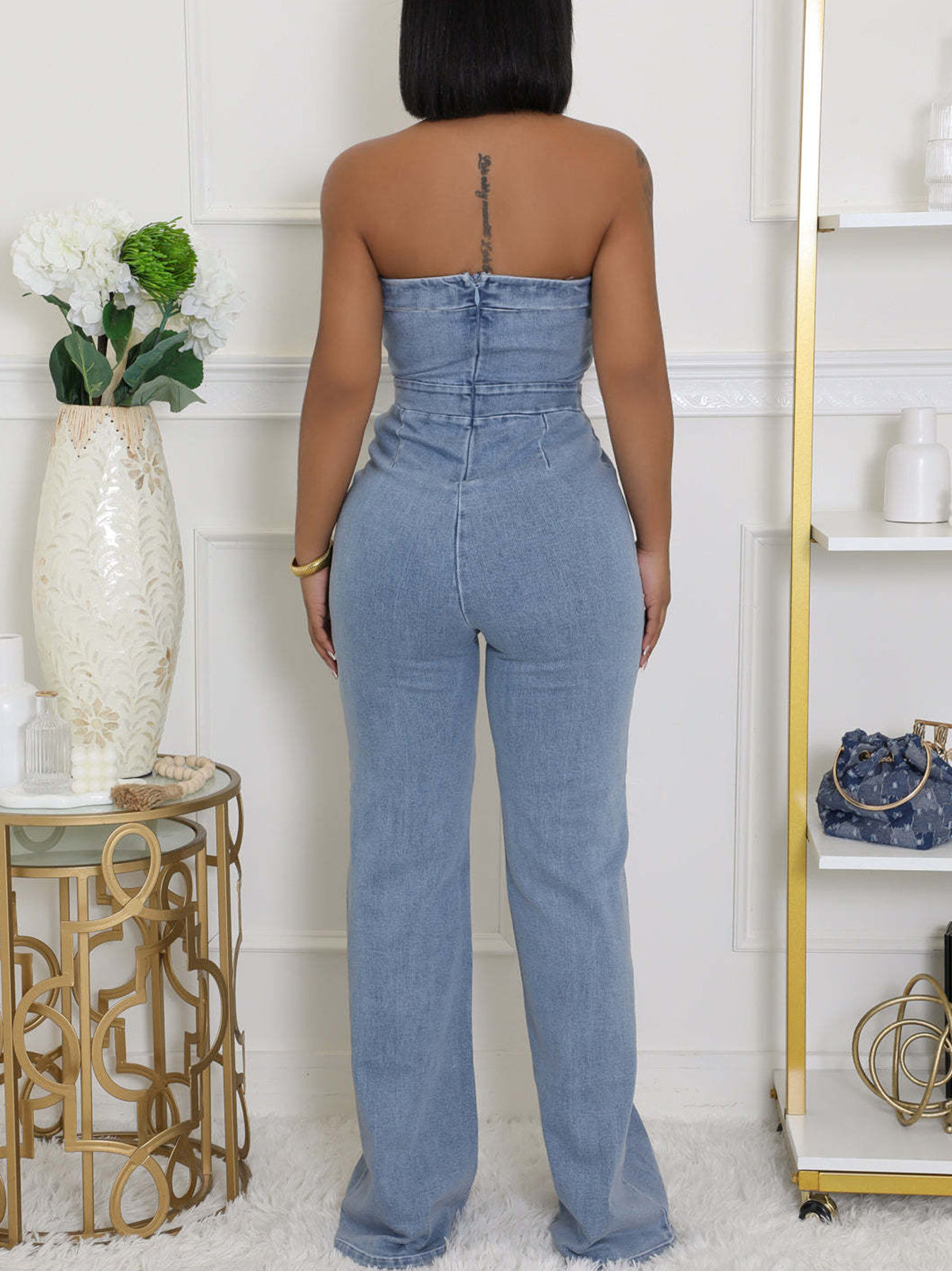 Strapless Flared Leg Denim Jumpsuit