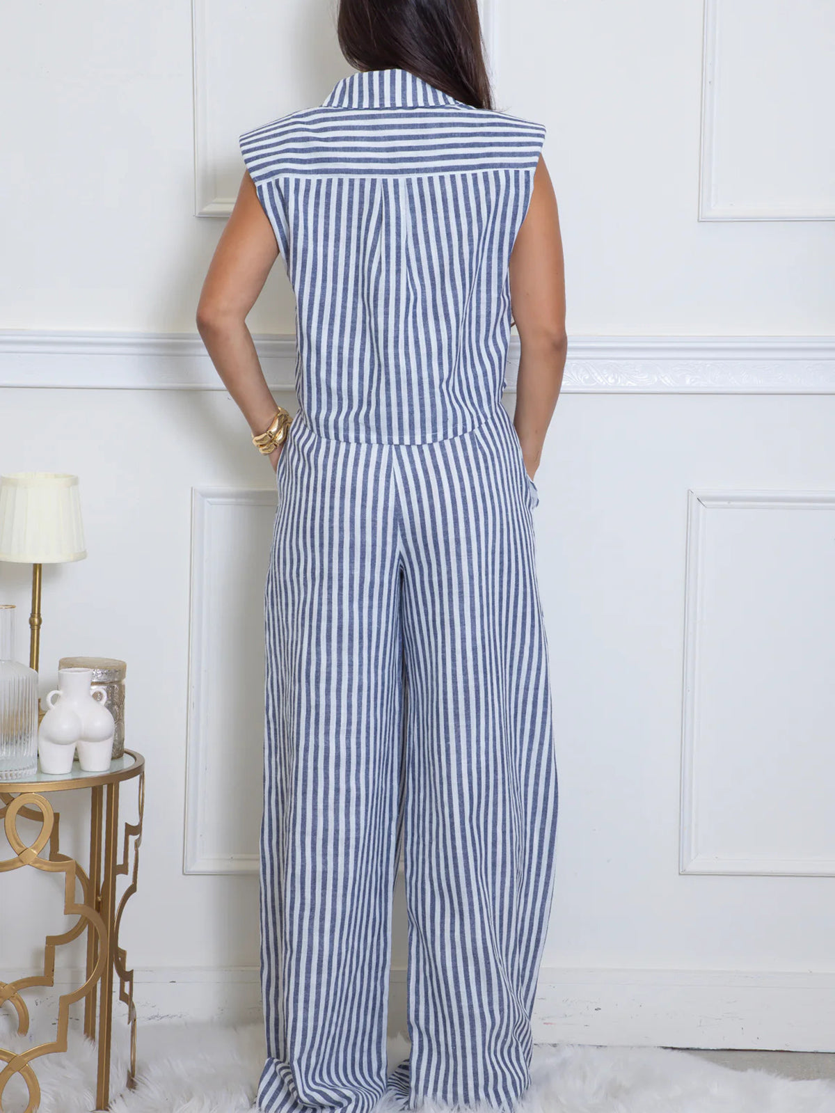 Striped Sleeveless Shirt Wide Leg Pants Set
