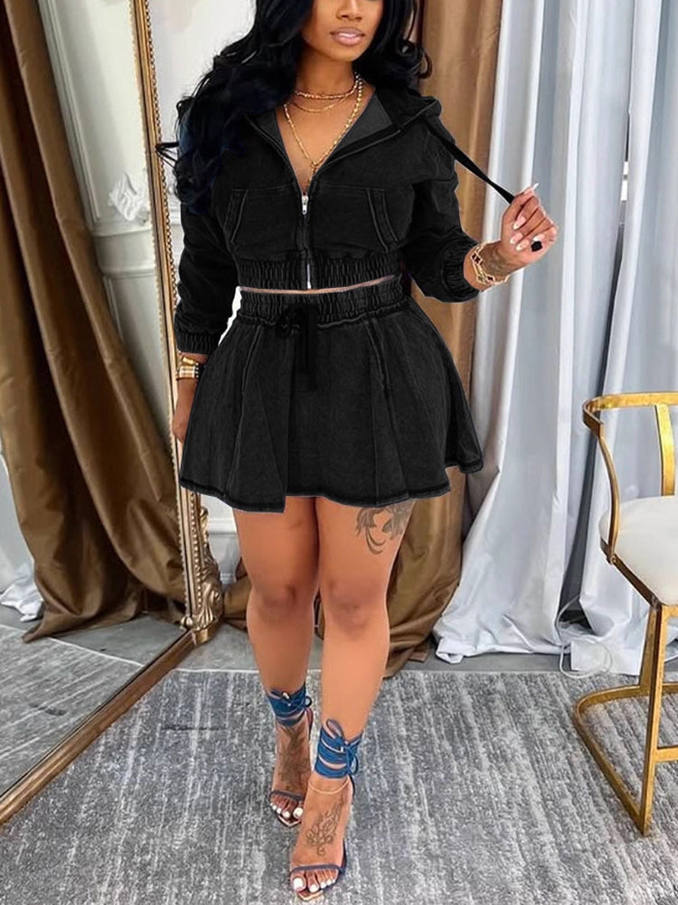 Two Piece Denim Zip Up Jacket Skirt Sets