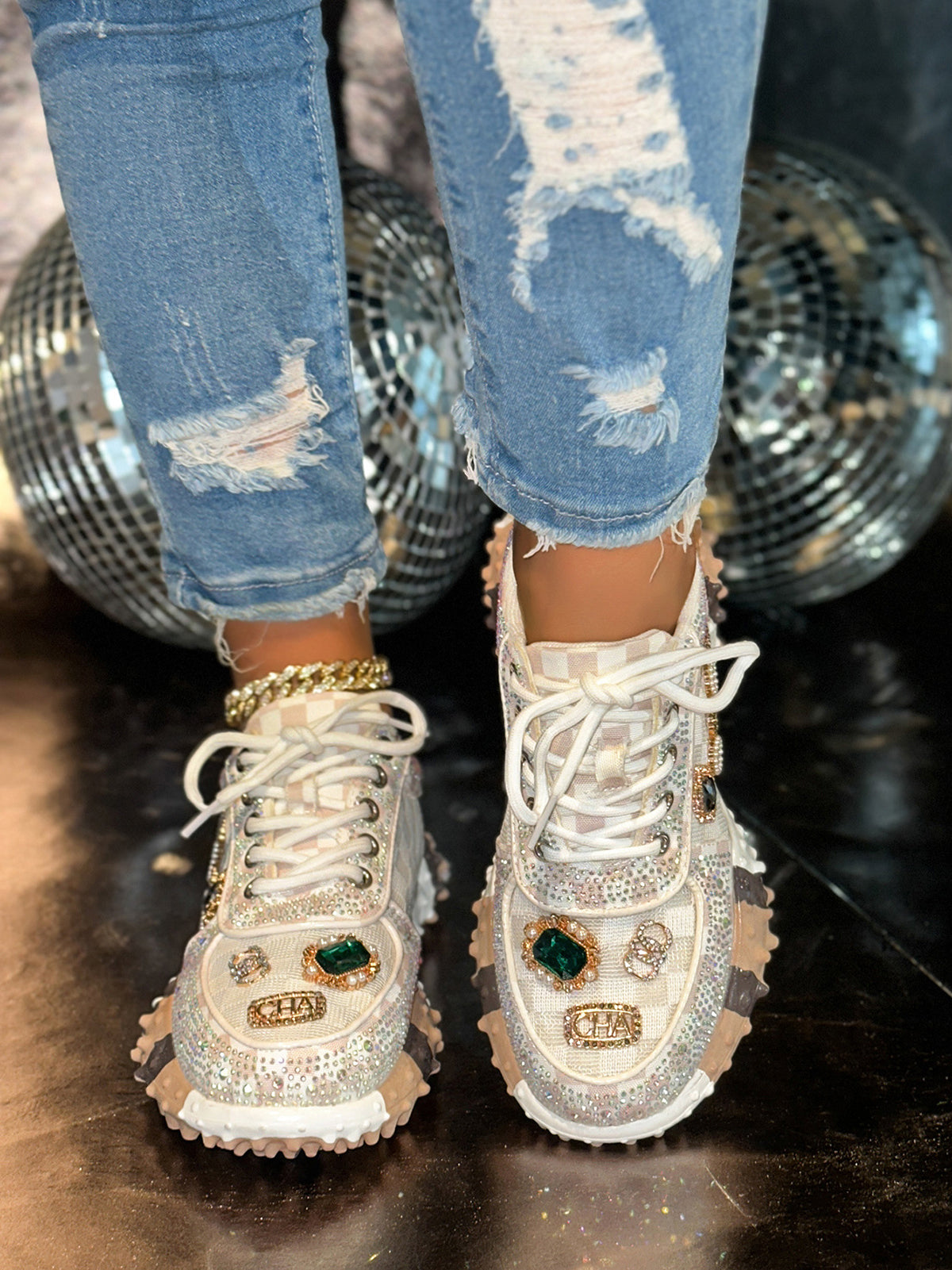 Rhinestone Mesh Chunky Sneakers