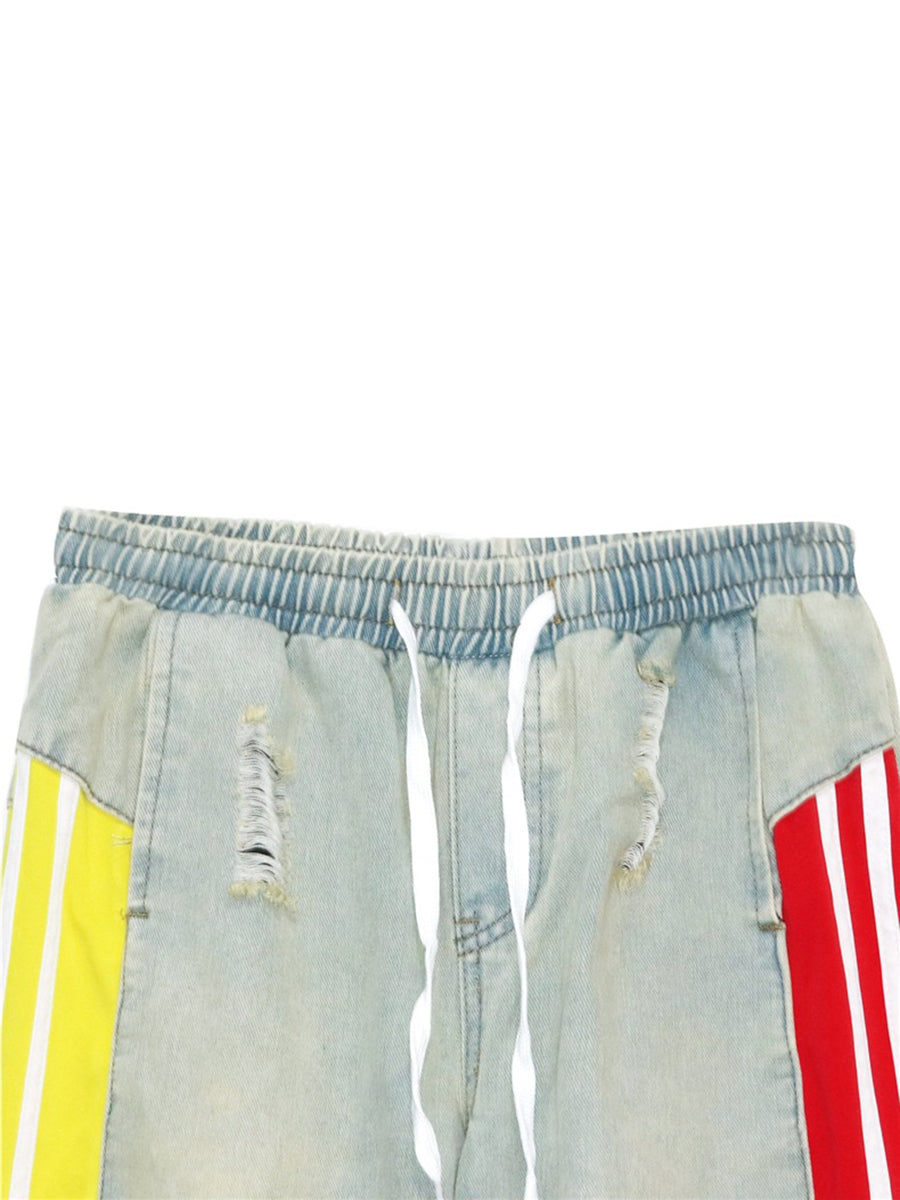 Drawstring High Waist Color Block Jeans
