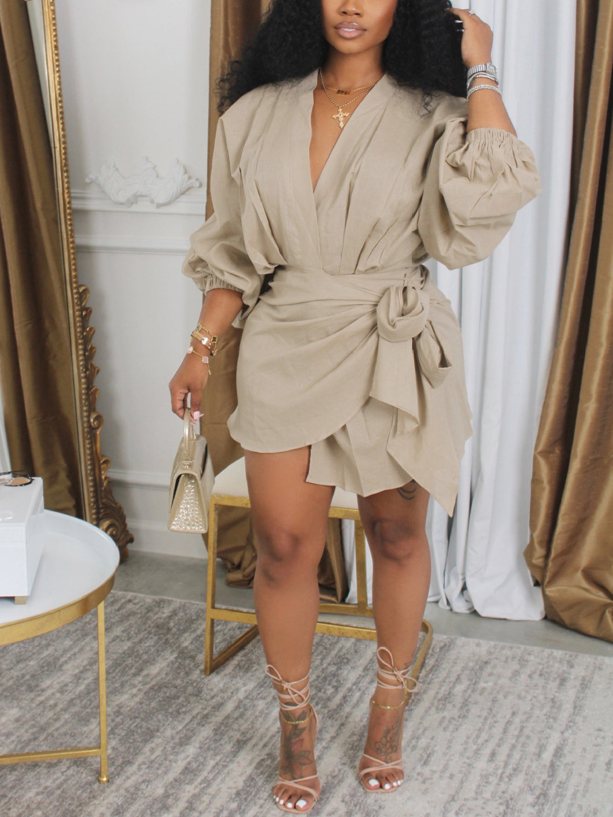 Belted Lantern Sleeve Mini Dress
