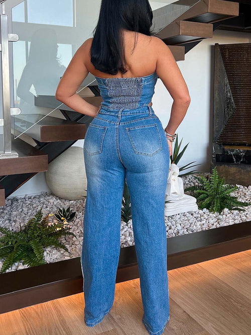 Combinaison bustier en jean à jambes larges