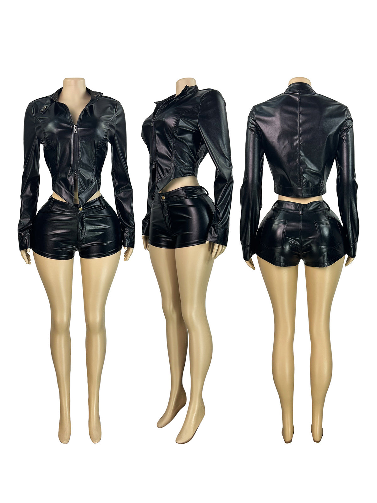 Two Pieces PU Zipper Crop Jacket Shorts Set