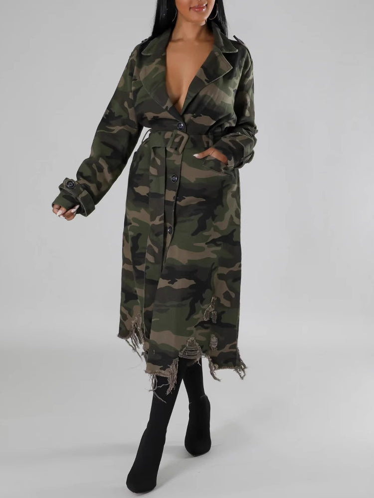 Distressed Camouflage Trench Coat