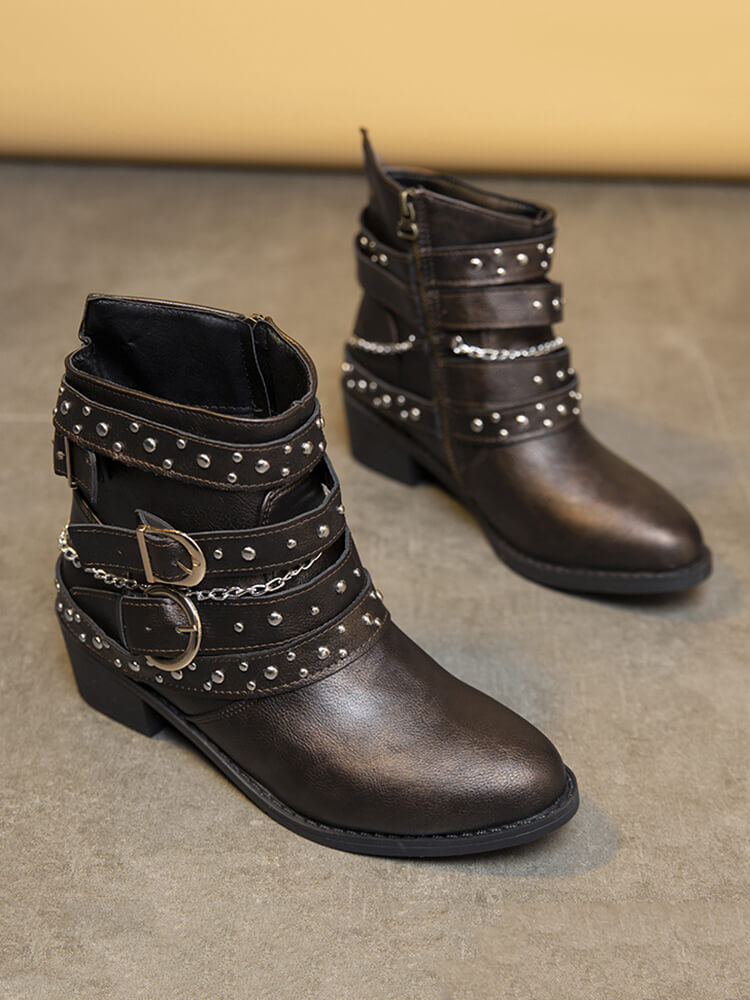 Belt Buckle Thick Heel PU Bootsies