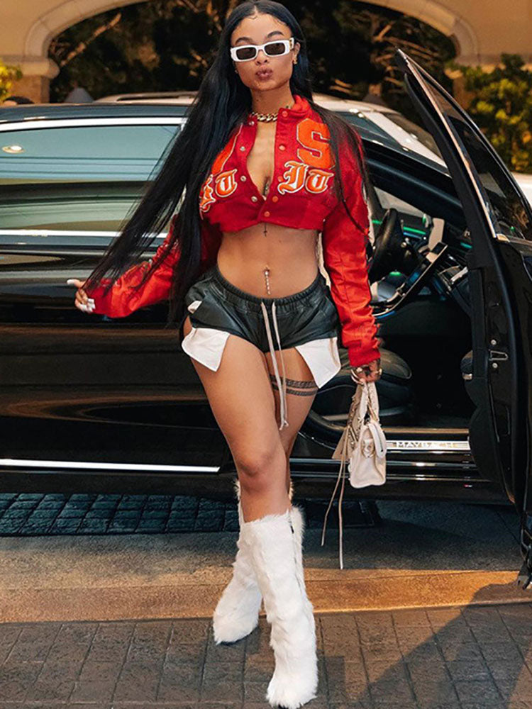 PU Patchwork Long Sleeves Baseball Jacket