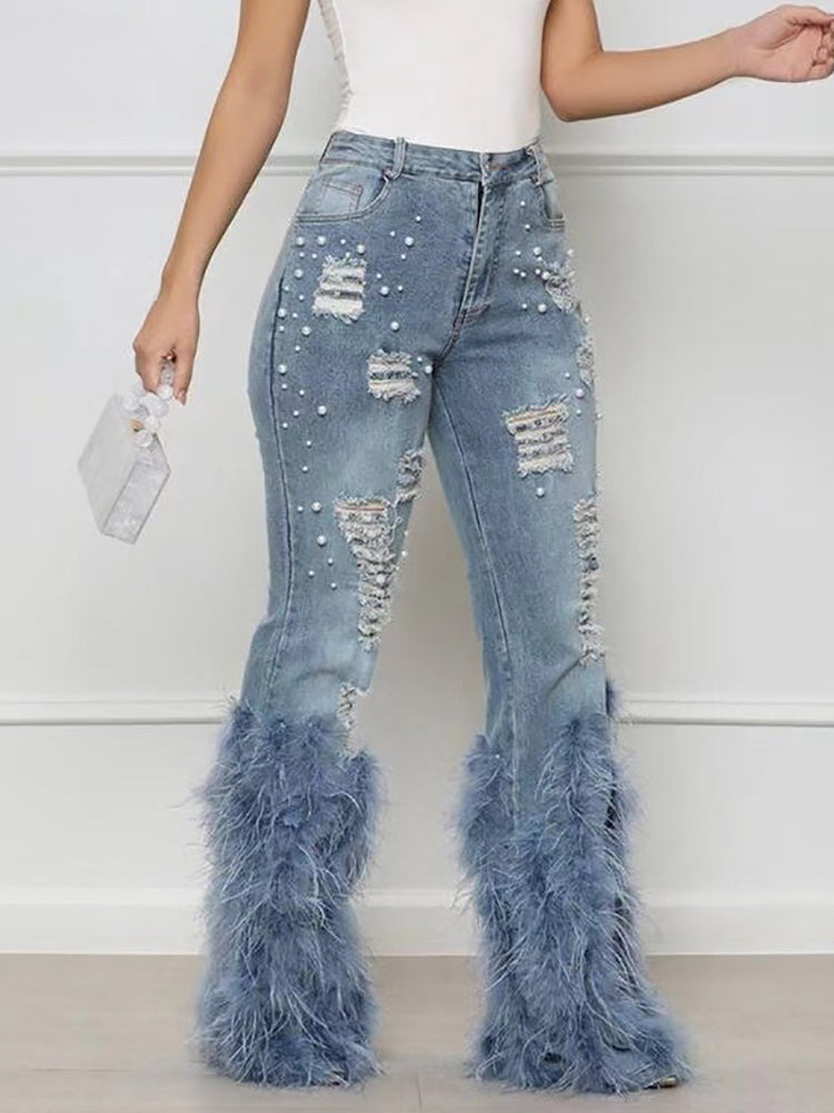 Feather Beaded Distressed Flare Jeans