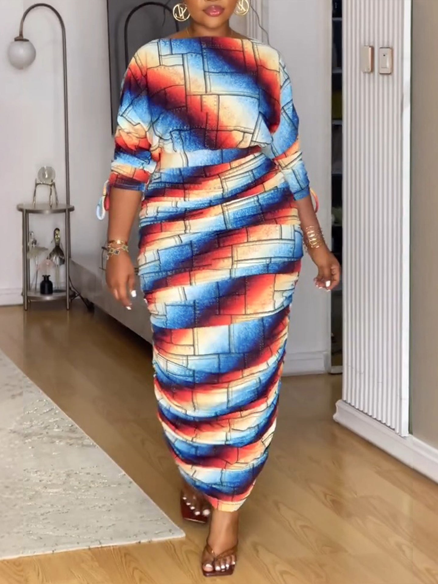 Printed Ruched Long-Sleeve Dress Set