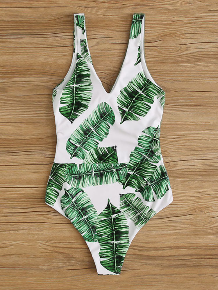 Plus Size Leaf Print Patchwork Swimsuit