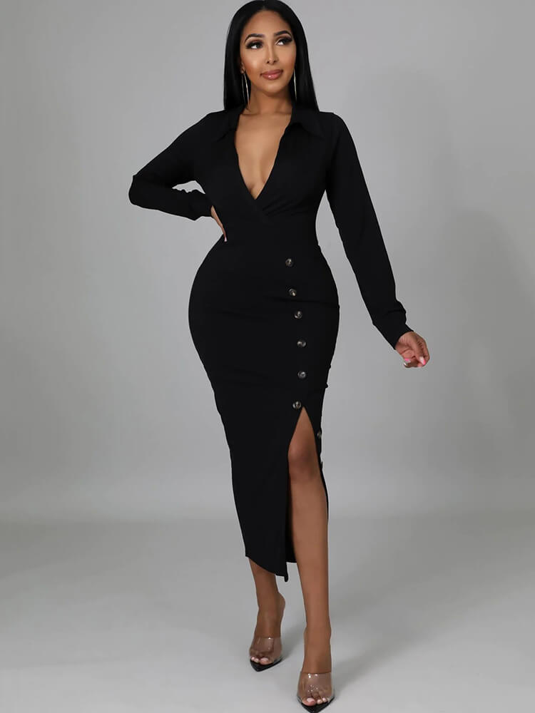 Long Sleeve V Neck Split Midi Dress