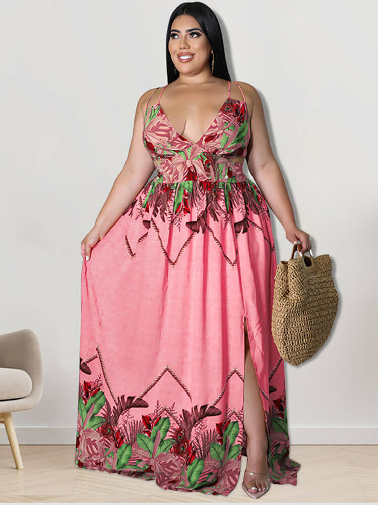 V Neck Floral Print Maxi Dress