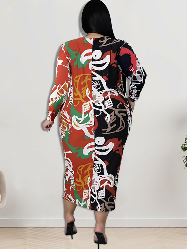 Graffiti Long Sleeve Patchwork Midi Dress